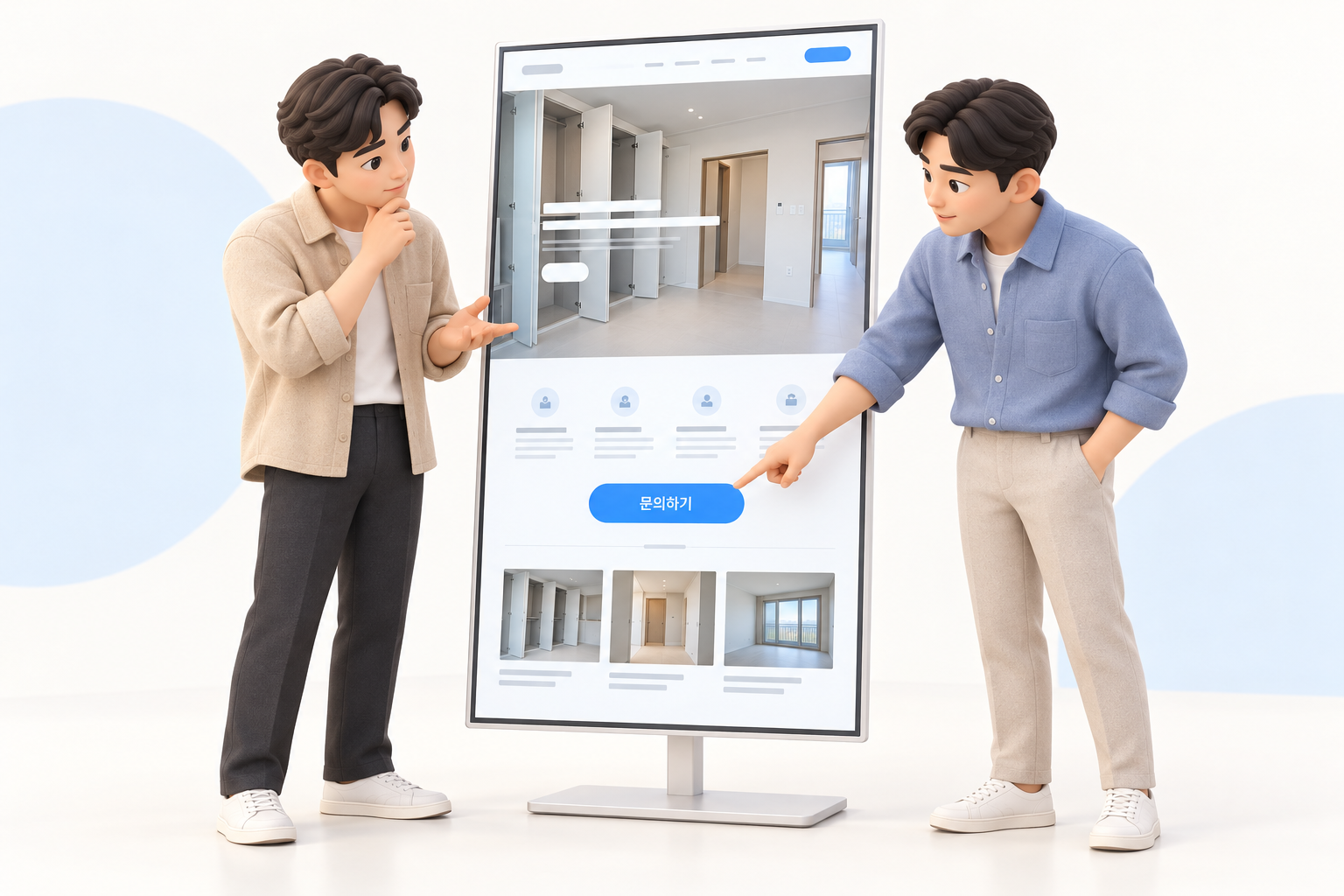 사업자와 담당자가 서서 홈페이지 디자인 보드를 함께 확인하는 남성 3D 캐릭터 장면